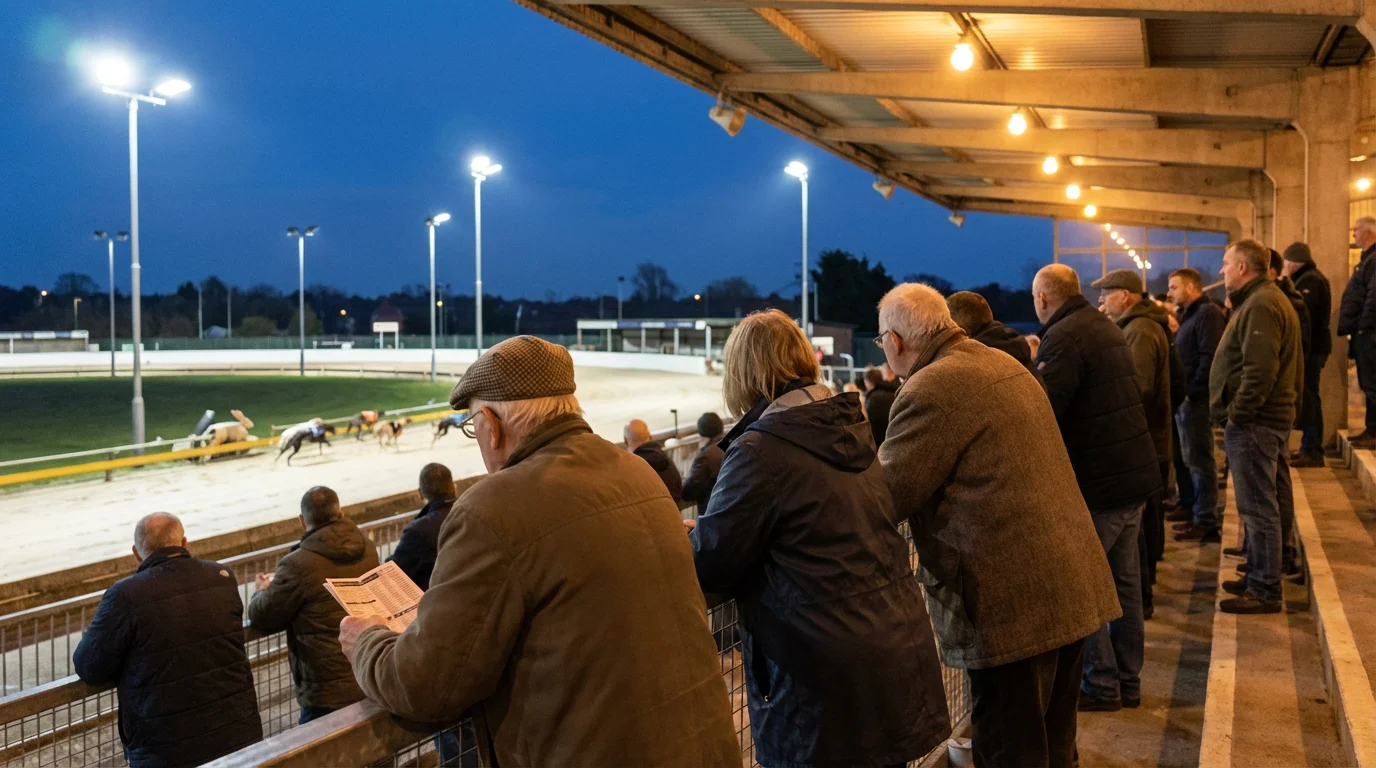 Saturday evening crowd watching greyhound racing at Central Park with trackside views and floodlit circuit
