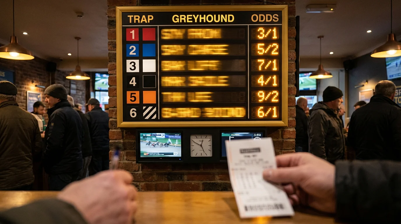 Betting slip and odds board at a greyhound racing meeting showing starting prices and forecast dividends