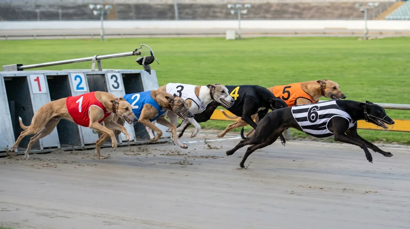 Six greyhounds breaking from the starting traps at Central Park during a 491-metre race