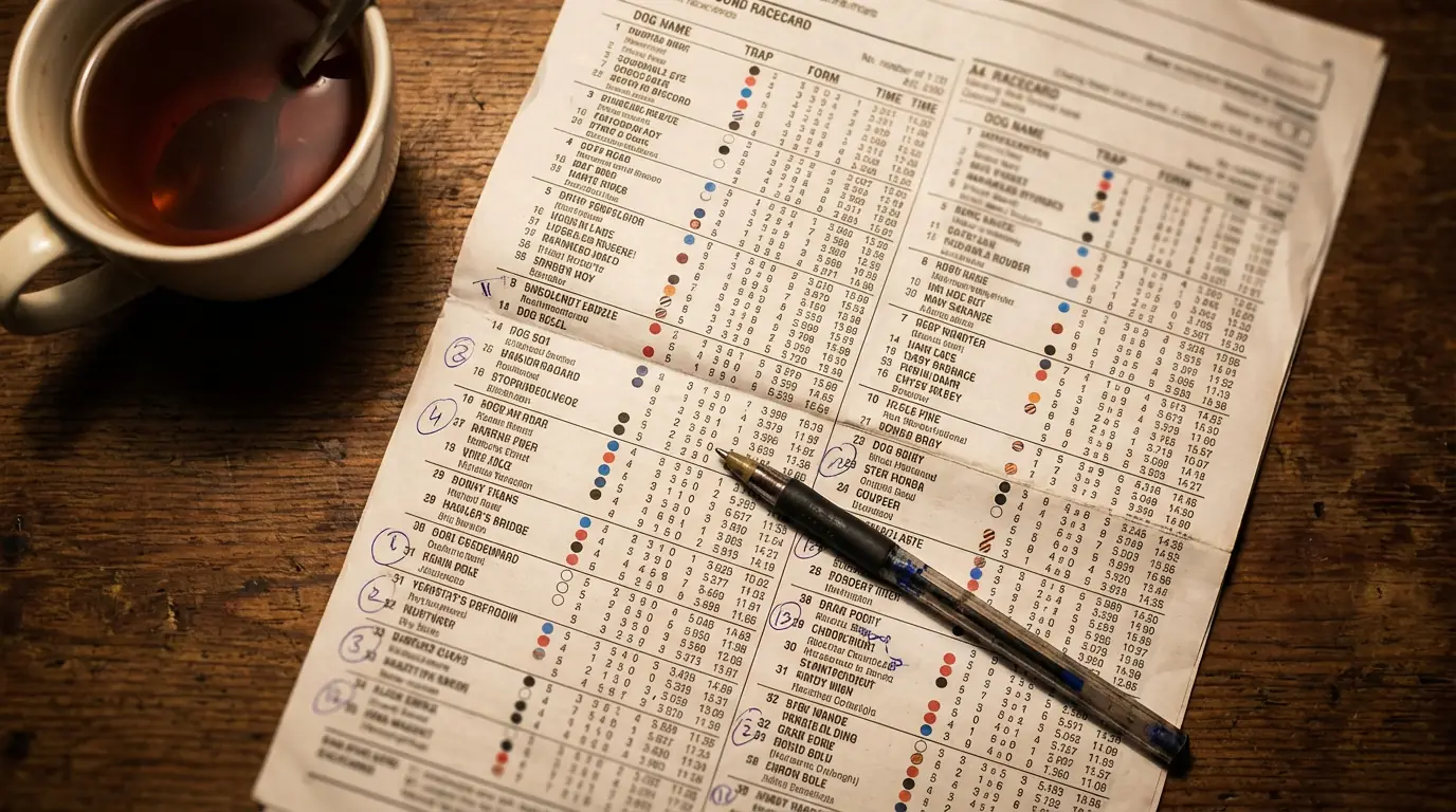 Close-up of a greyhound racecard showing form figures, trap draws and sectional times