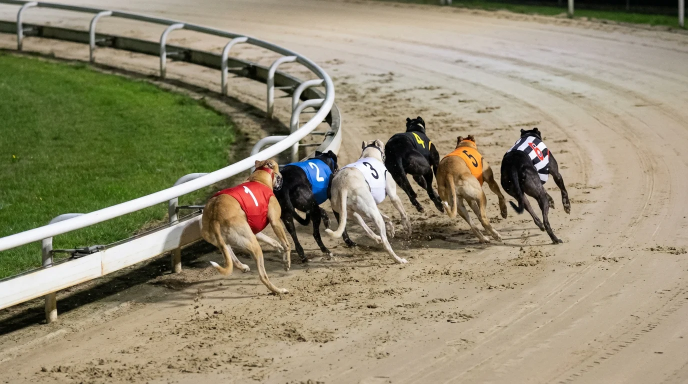 Greyhounds rounding the first bend at Central Park with the pack tightly bunched on the all-weather surface